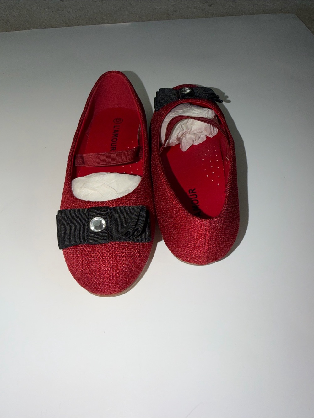 NWT L'Amour Red Linen Bow Mary Jane Flats Girls Size 12 | Christmas Holiday